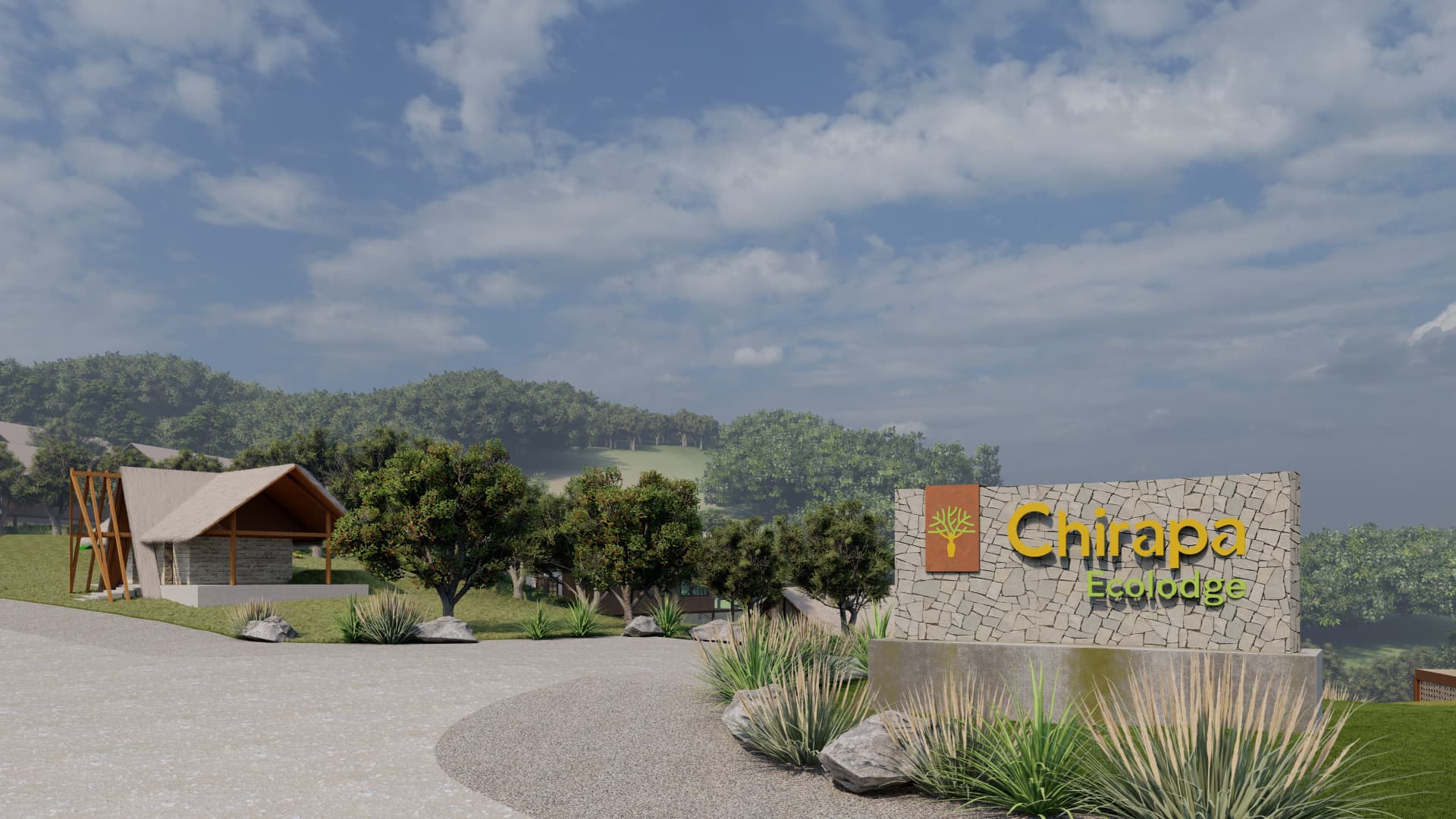 Ingreso principal de Chirapa Ecolodge con el hito de piedra y el logo