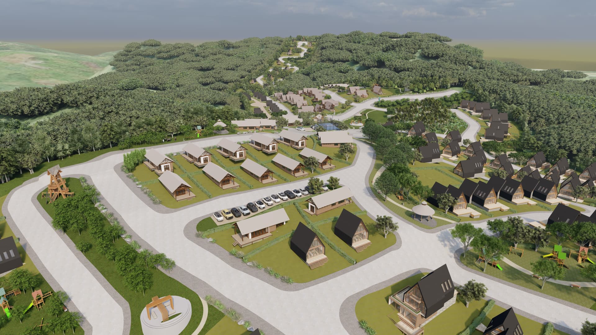 Vista aérea del masterplan de Chirapa Ecolodge con la distribución de lotes y cabañas